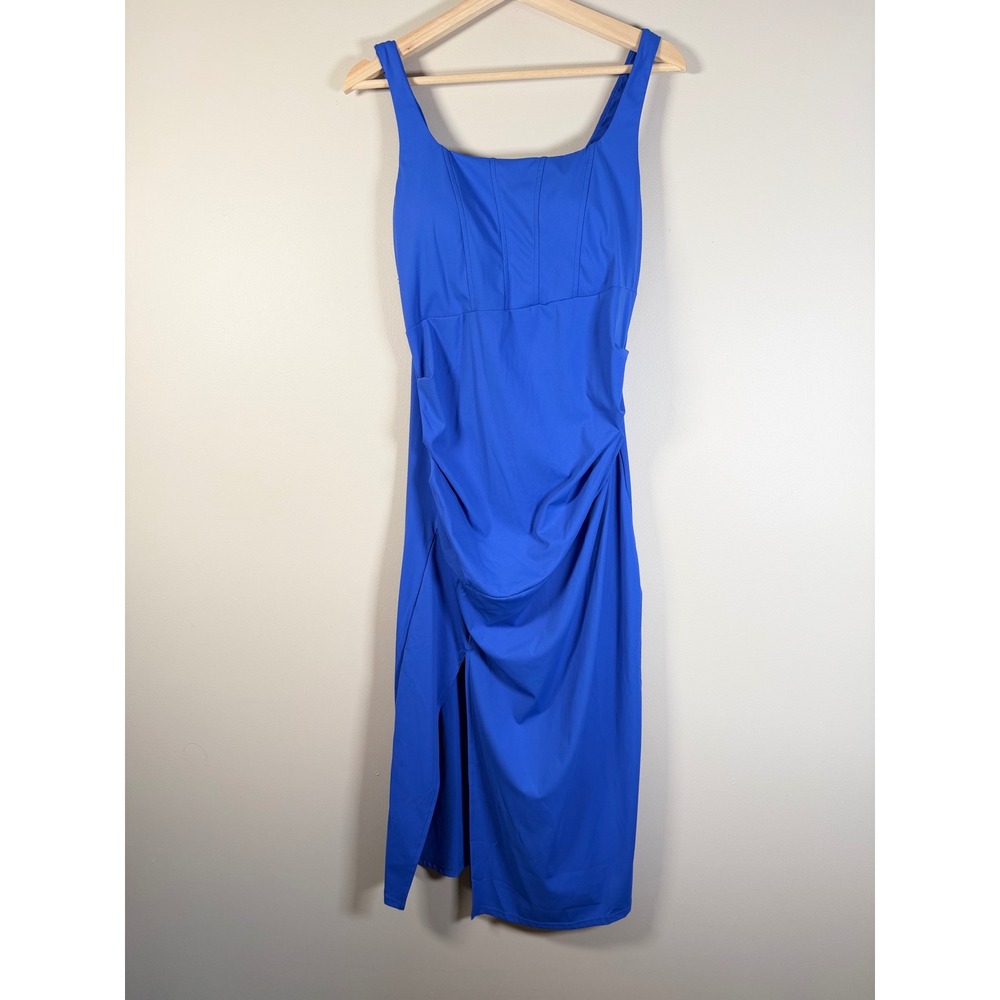 Halara Softlyzero Airy Royal Blue Ruched Side Slit Midi Dress Large NWT - Picture 2 of 10
